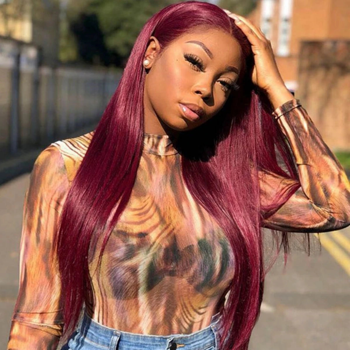 Perruque brésilienne droite bordeaux pour femme, dentelle transparente, cheveux humains, couleur rouge, pré-plumée, 99J, 13x4