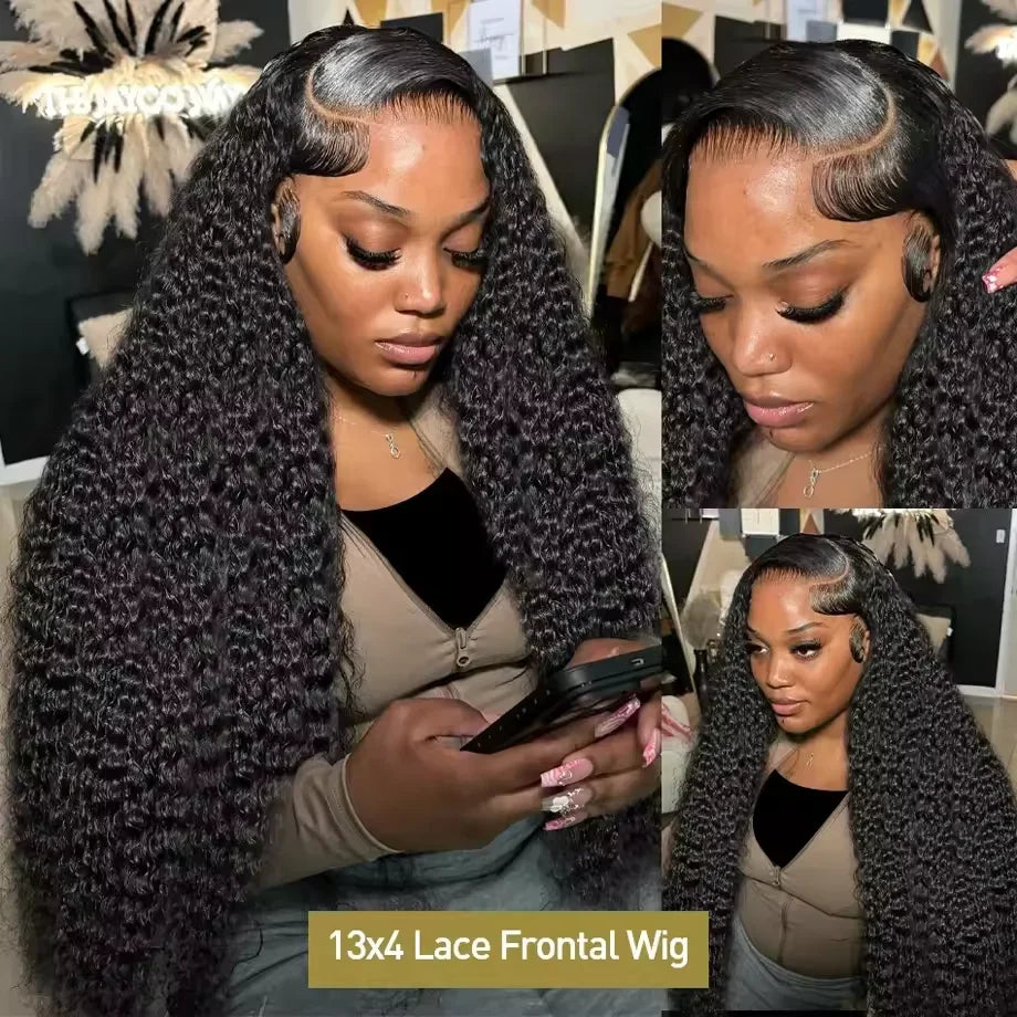 Perruque Lace Frontal Wig naturelle bouclée, cheveux humains, Deep Wave, Transparent HD, 5x5, sans colle, pre-plucked, 13x6, eau, 30 40 pouces