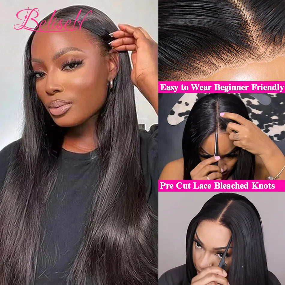 Perruque Lace Front Wig naturelle lisse, cheveux humains, Transparent HD, 13x4, 13x6, pre-plucked, 5x5, HD, Lace Closure, Beliself