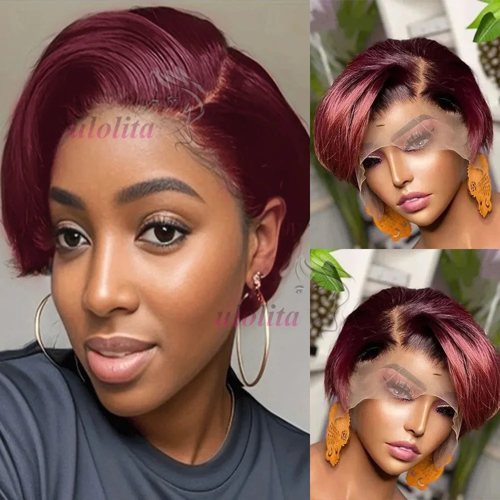 Perruque bob courte T1B/99J en cheveux humains malaisiens Remy, raides, à porter sans colle, style coupe lutin