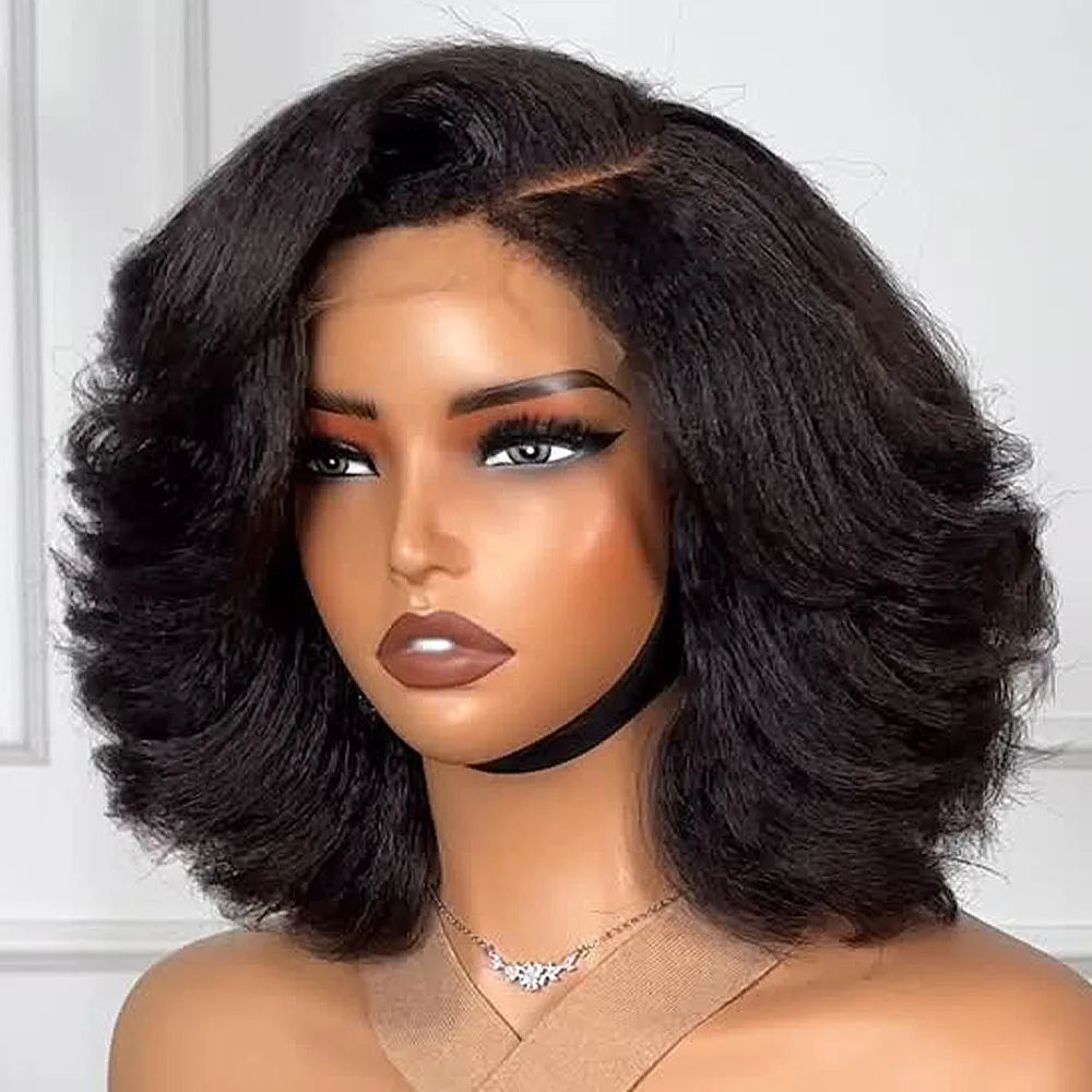 Perruque Bob en cheveux humains raides crépus HD Lace Front 4x4/13x4 de 10-16 pouces, densité 400%, pré-épilée, prête à porter, sans colle, effet Body Wave pour femmes