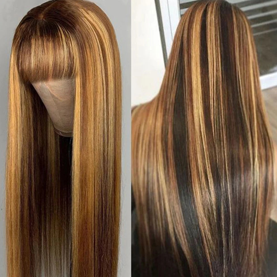 Malaisie perruque de cheveux humains avec frange Ombre mettre en évidence brun cheveux raides perruques de cheveux humains pour les femmes 180D perruque Machine