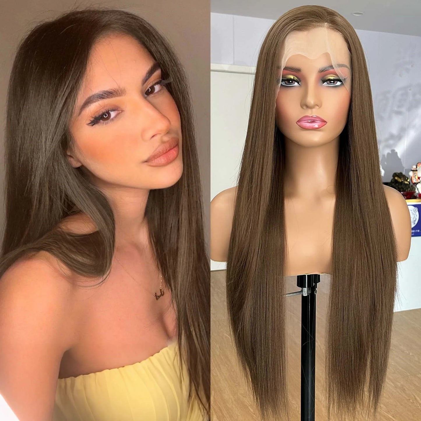 Perruque Lace Front Wig synthétique lisse et soyeuse, marron sarcelle, 13x4, avec raie libre, naturelle, pour femmes, fête quotidienne, Cosplay