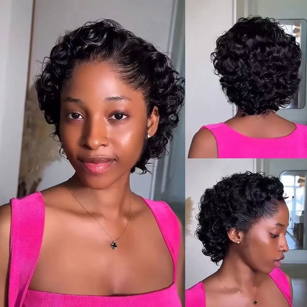 Perruque Pixie Cut Courte Bouclée en Cheveux Humains, Perruque Brésilienne Pas Chère en Cheveux Remy, Perruques Transparentes 13x1 en Dentelle pour Femmes en Promotion