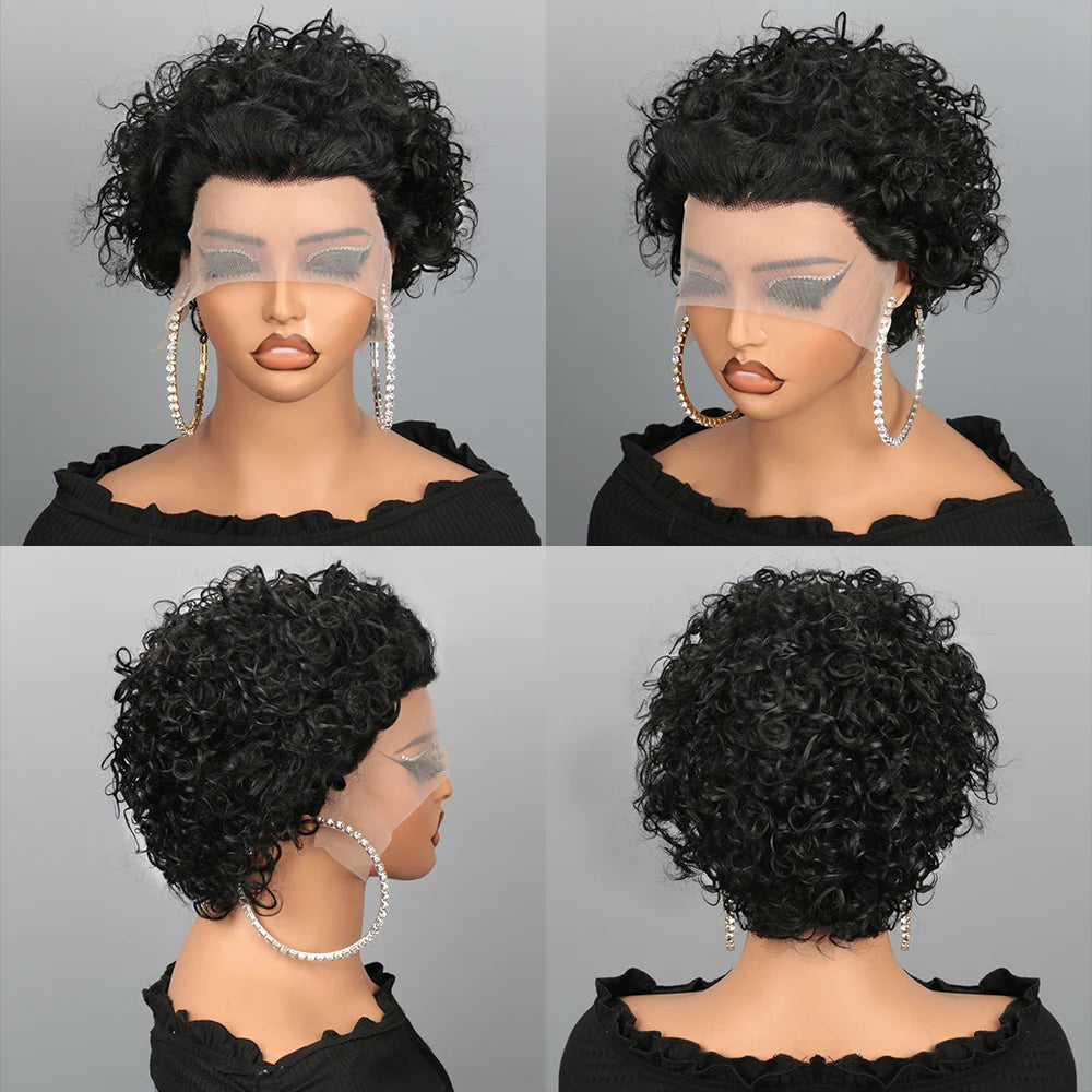 13X4 court bouclés coupe lutin perruques cheveux humains Transparent Rose bouclés dentelle frontale perruques cheveux humains pour les femmes noires