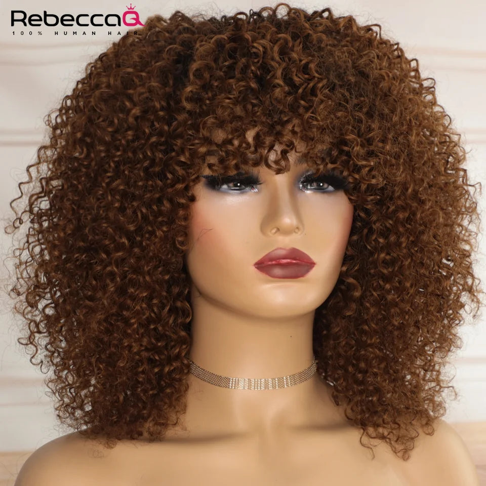 Grande perruque bouclée avec frange cheveux humains courts Afro crépus bouclés perruque couleur marron sans colle pleine Machine faite perruque 250 densité brésilienne