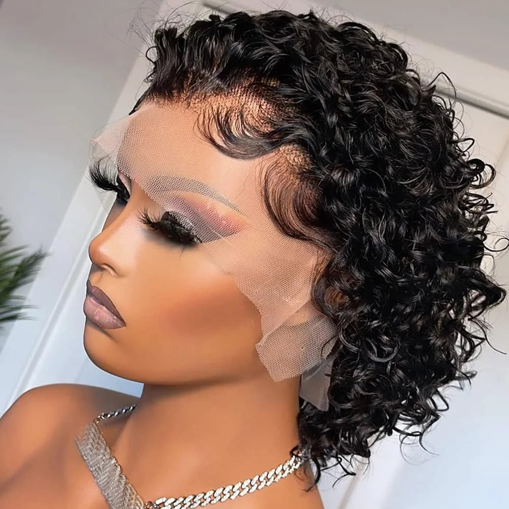 13X4 court bouclés coupe lutin perruques cheveux humains Transparent Rose bouclés dentelle frontale perruques cheveux humains pour les femmes noires