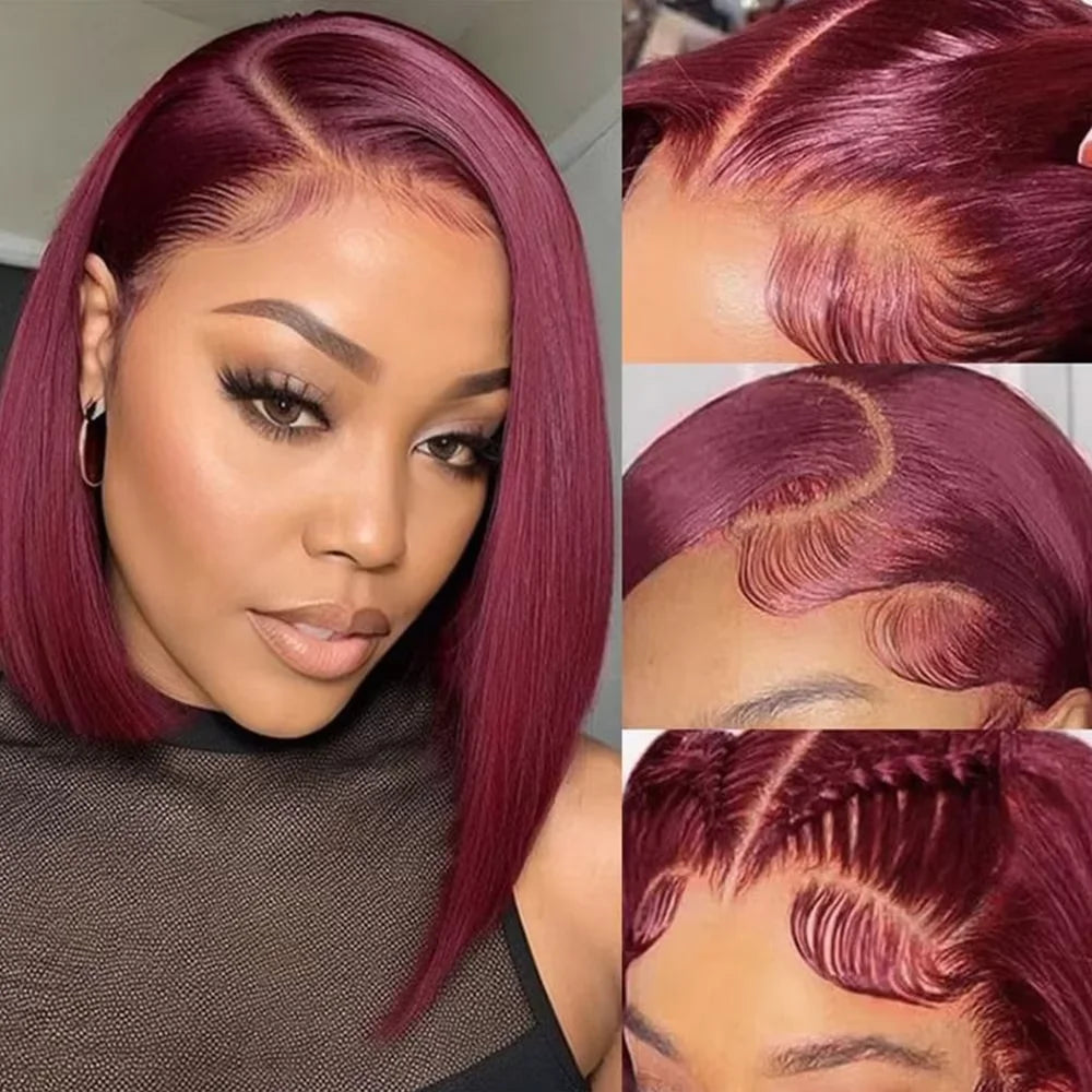 Perruque bob 13x4 en cheveux humains, lisses et courts, couleur bordeaux 99J, dentelle frontale HD transparente, pré-plumée, longueur 8-14 pouces, densité 200%, look naturel et élégant
