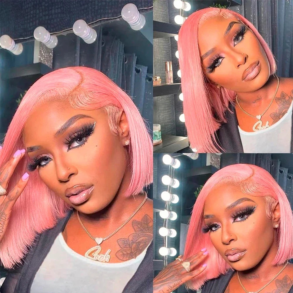 Cheveux humains Rose Rose droite Bob perruques pour femmes brésiliennes 13X4 dentelle avant perruques courtes dentelle frontale pré-plumée couleur Rose Bob perruque