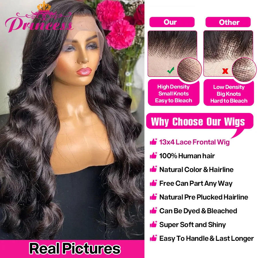 Perruque Lace Frontal Wig Body Wave naturelle – Princess Hair, cheveux 100% humains, 13x4, Lace Transparent, perruque Lace Front Wig, pour femmes