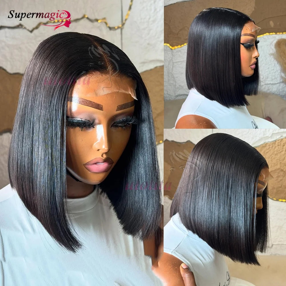 Vietname Super Double os tiré droit 2x6 dentelle fermeture Bob perruque avec 100% cheveux humains Nature noir 300 densité pour les femmes noires