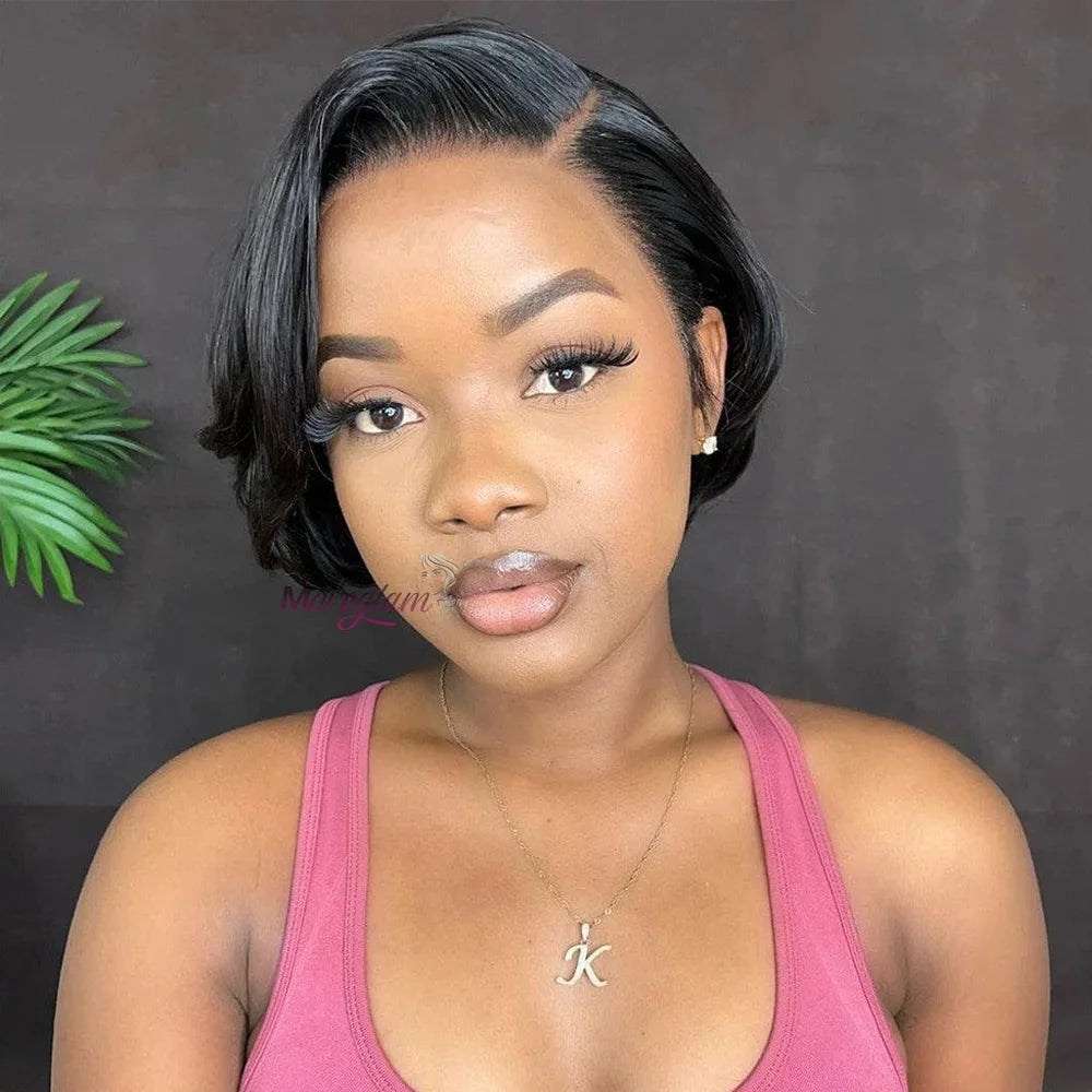 Perruque bob courte T1B/99J en cheveux humains malaisiens Remy, raides, à porter sans colle, style coupe lutin