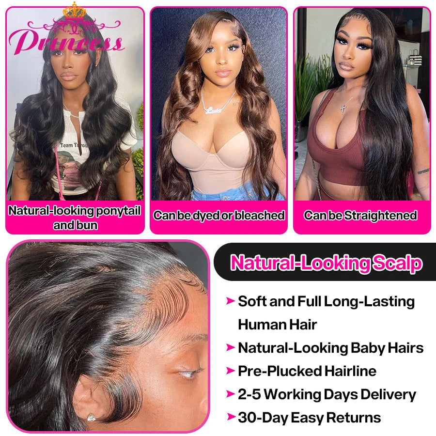 Perruque Lace Frontal Wig Body Wave naturelle – Princess Hair, cheveux 100% humains, 13x4, Lace Transparent, perruque Lace Front Wig, pour femmes