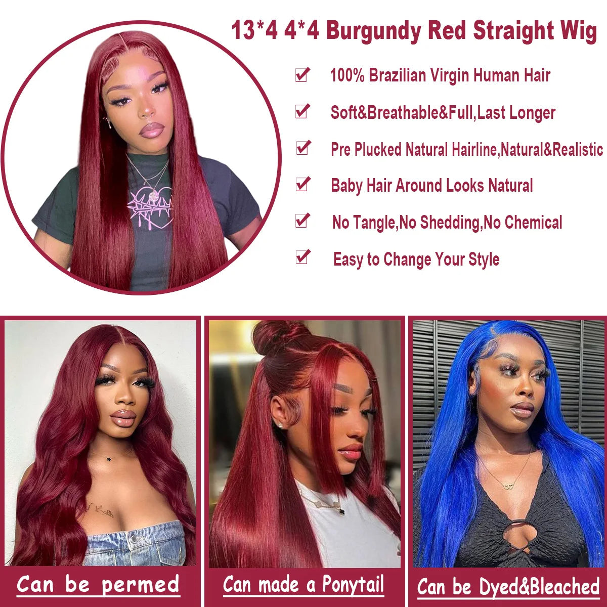 Perruque brésilienne droite bordeaux pour femme, dentelle transparente, cheveux humains, couleur rouge, pré-plumée, 99J, 13x4
