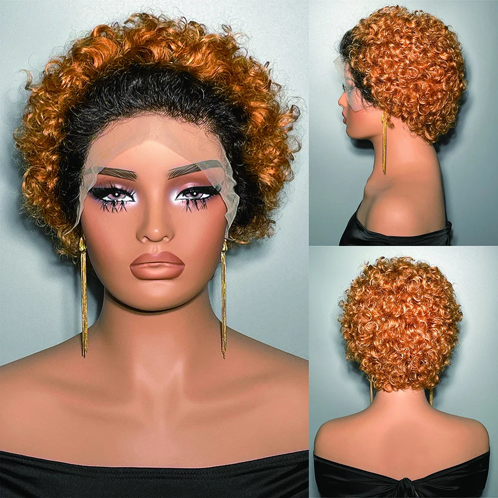 Perruque courte bouclée transparente dentelle avant perruque de cheveux humains coupe lutin perruques brésilien vague d'eau perruques de cheveux humains pour les femmes
