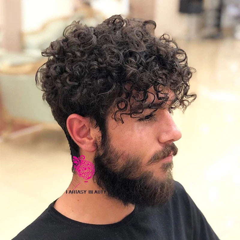 Prothèse capillaire 100% cheveux humains, délié naturel, toupet pour homme, base complète en PU, perruques bouclées pour homme, unité de remplacement souple, 0.1mm, 18mm