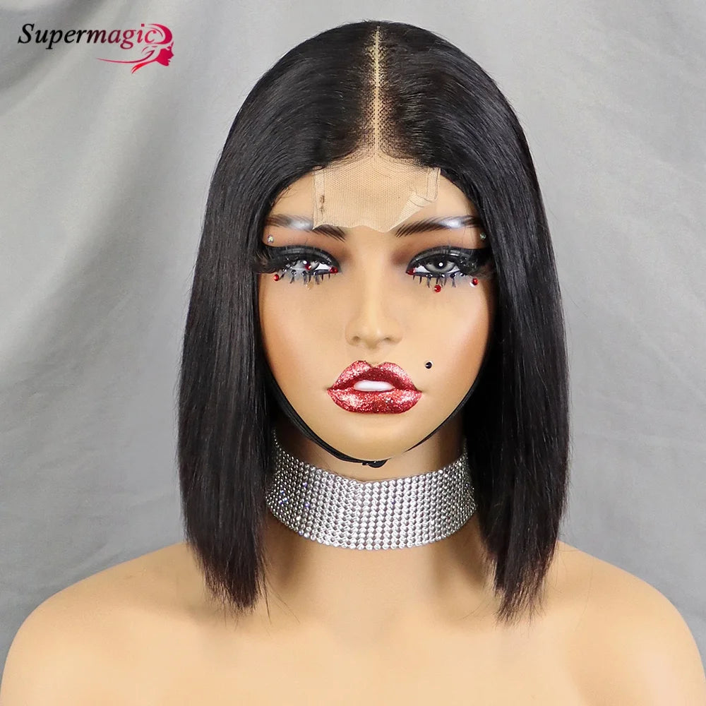 Vietname Super Double os tiré droit 2x6 dentelle fermeture Bob perruque avec 100% cheveux humains Nature noir 300 densité pour les femmes noires