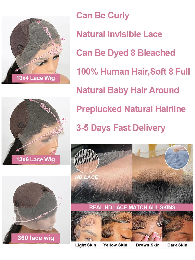 40 pouces os droit 13x6 HD Transparent dentelle frontale perruques de cheveux humains 250% brésilien 360 13x4 pleine dentelle avant perruques pour les femmes