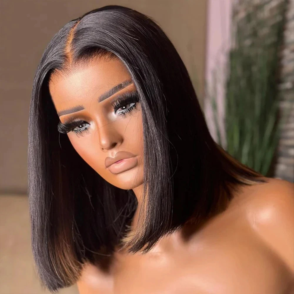 Perruques prêtes à porter sans colle, cheveux humains brésiliens lisses, coupe courte bob, pré-épilées, perruque frontale en dentelle transparente HD 13x4