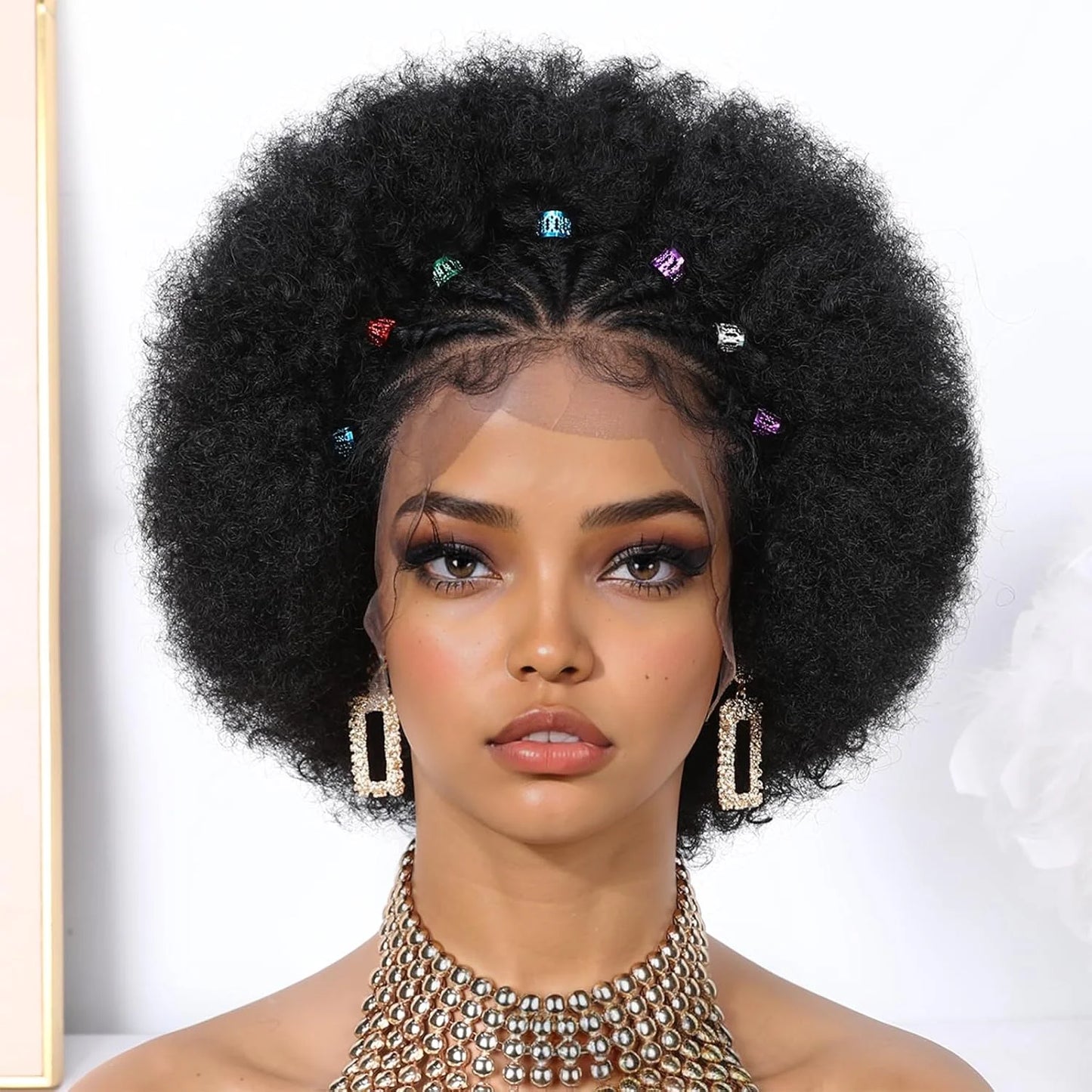 Perruque afro brésilienne Remy bouclée noire naturelle avec tresses, 6 amaran, 13x4, 100%