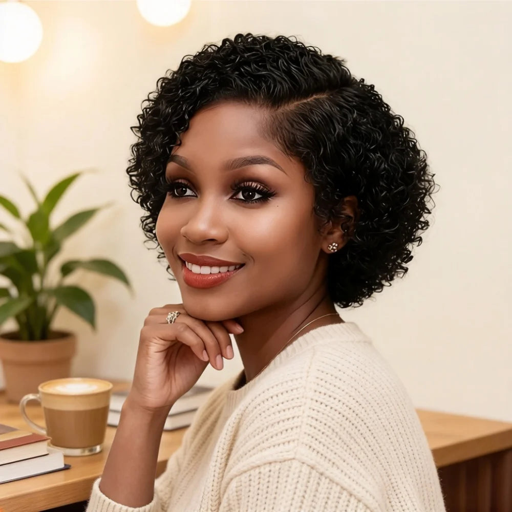Perruque élégante en cheveux humains Remy, coupe pixie ondulée bouclée, avec dentelle frontale 13x4x1 pré-épilée pour femmes