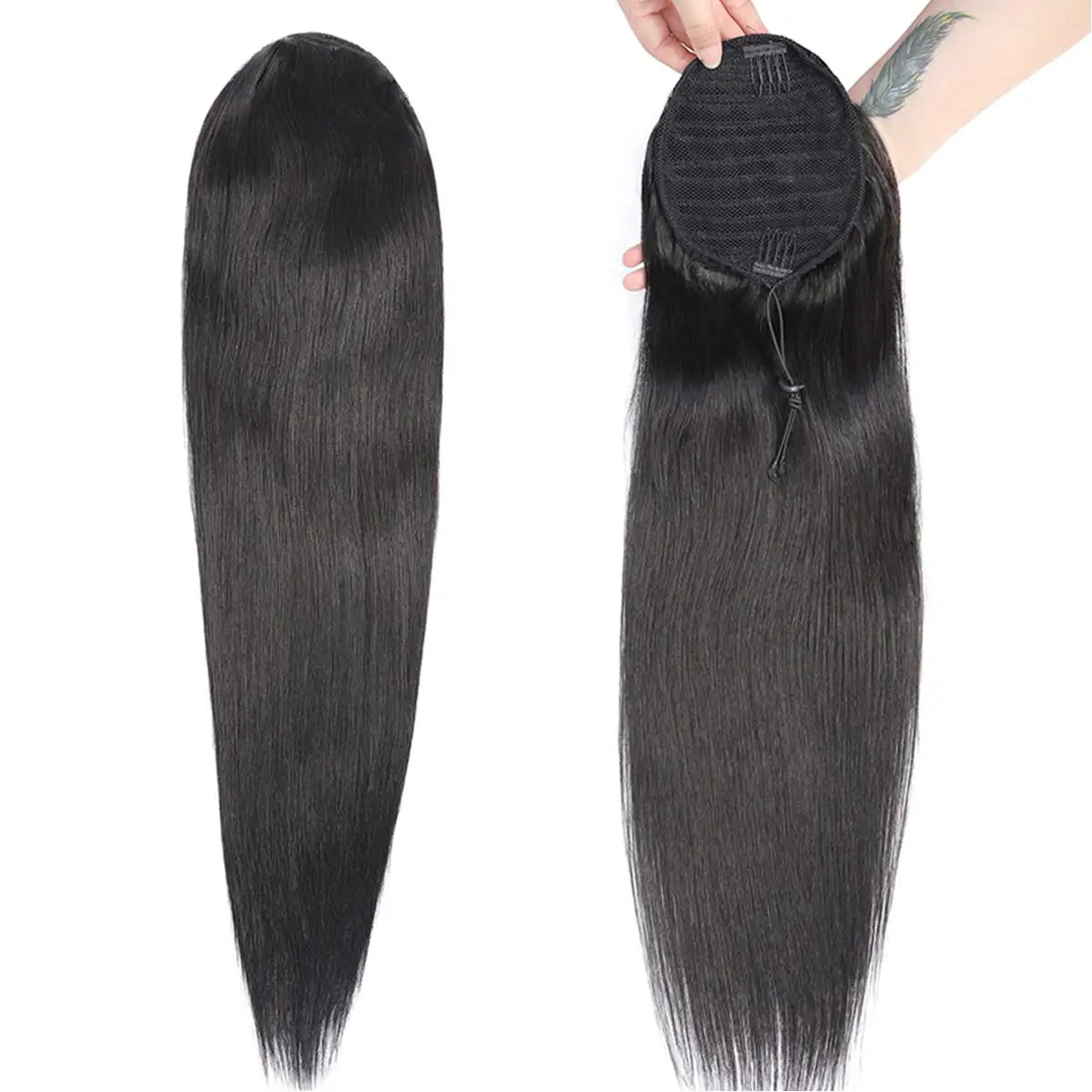 Cheveux humains droits queue de cheval cordon 100% Remy queue de cheval Extension pour les femmes brésilien cheveux longs raides couleur naturelle # 1B