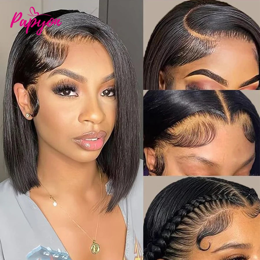 Perruque Courte 13X6 Transparent 15A Bob Wig Perruques Cheveux Humains Wigs Human Hair Cheveux Humain Naturel Droit Human Hair