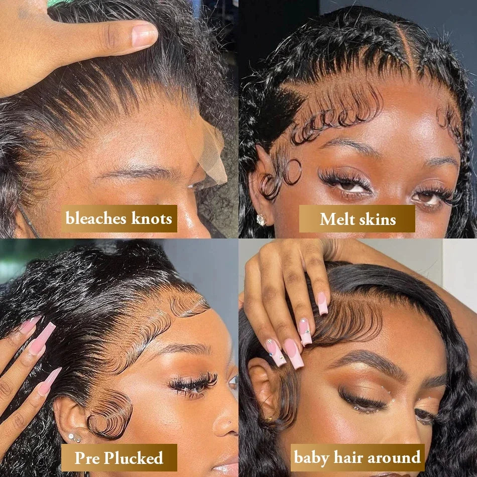 Perruque Lace Frontal Wig naturelle bouclée, cheveux humains, Deep Wave, Transparent HD, 5x5, sans colle, pre-plucked, 13x6, eau, 30 40 pouces