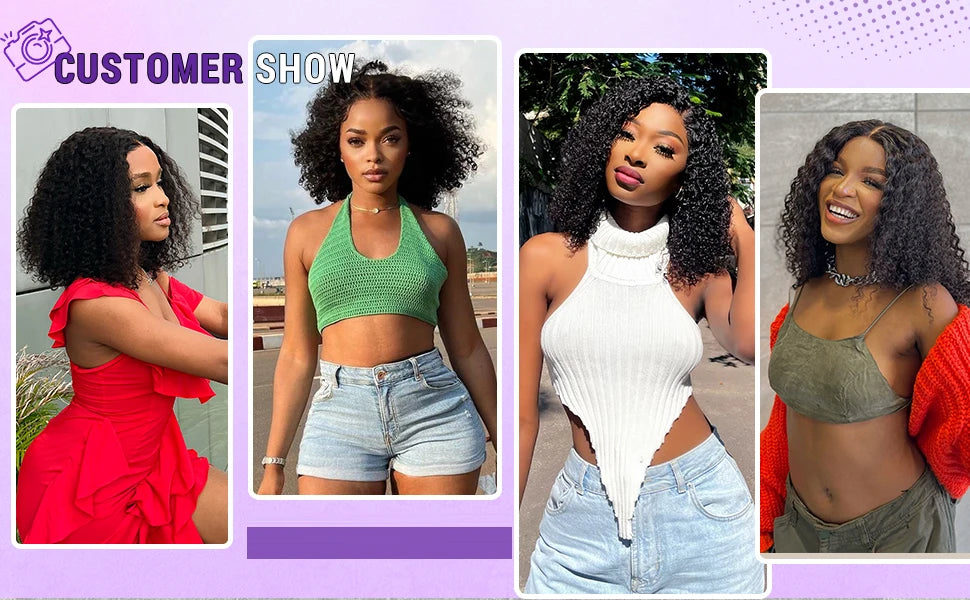 Perruque bob 13x4 en cheveux humains, boucles profondes effet vague d’eau, dentelle frontale HD transparente. Modèle sans colle pour un rendu naturel et élégant