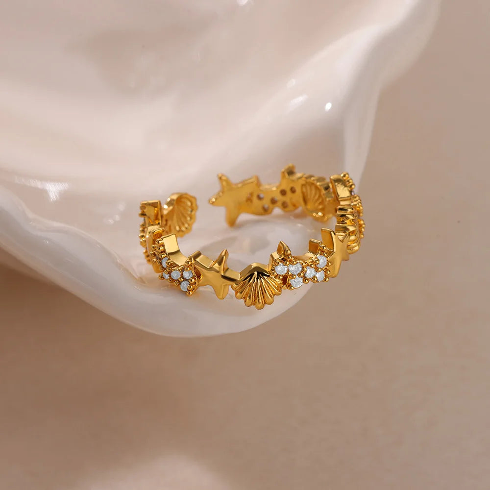 Bagues ouvertes en forme d'étoile de mer pour femmes, couleur or, en acier inoxydable, pour l'été, plage, esthétique, étanche, bijoux cadeau