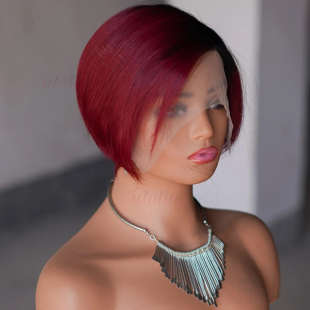 Perruque bob courte T1B/99J en cheveux humains malaisiens Remy, raides, à porter sans colle, style coupe lutin