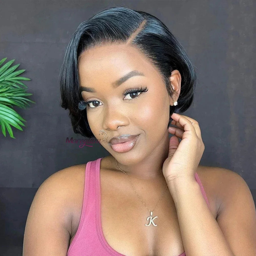 Perruque bob courte T1B/99J en cheveux humains malaisiens Remy, raides, à porter sans colle, style coupe lutin