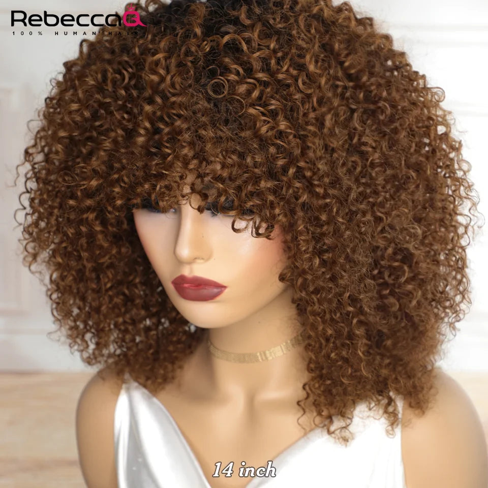 Grande perruque bouclée avec frange cheveux humains courts Afro crépus bouclés perruque couleur marron sans colle pleine Machine faite perruque 250 densité brésilienne