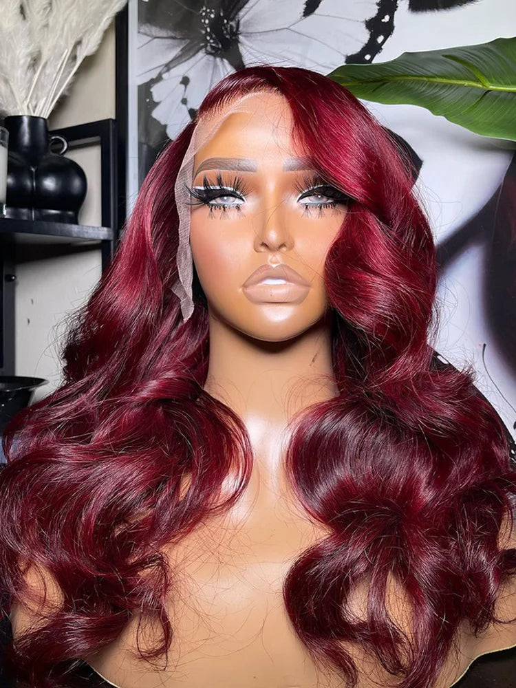 Perruque Lace Front Wig Body Wave Brésilienne Naturelle, Cheveux Humains, Couleur Bordeaux 99J, 13x6, Transparent HD