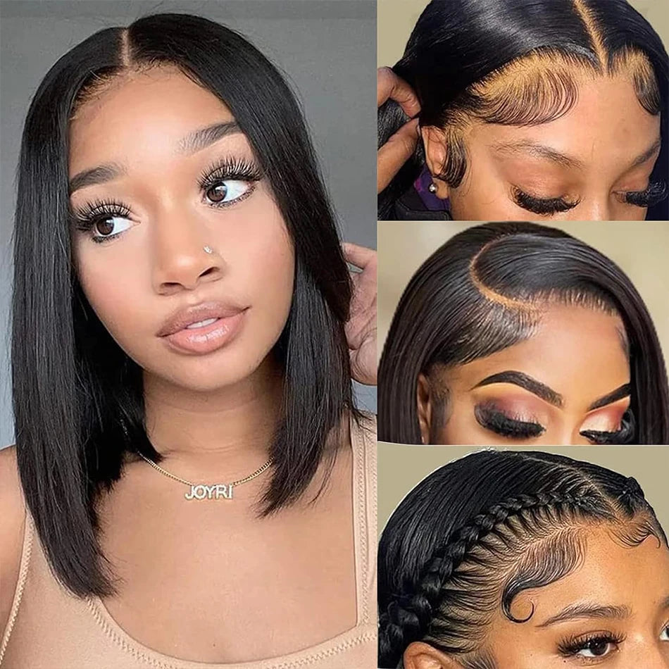 Wear matchs Go-Perruque Bob Brésilienne Naturelle, Cheveux Courts Lisses, Sans Colle, HD, Lace Front Transparente, 180%