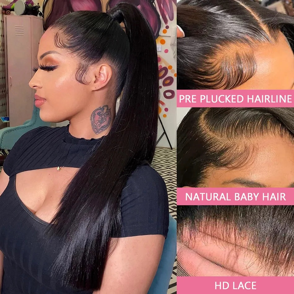 Perruque Lace Frontal Wig 360 naturelle brésilienne lisse, cheveux lisses, 13x6, Transparent, pre-plucked, pour femmes