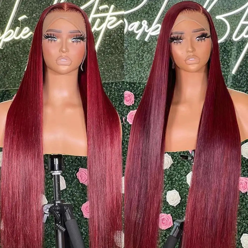 Perruque Lace Frontal Wig naturelle lisse bordeaux 99j, 40 pouces, 13x6, perruque Lace Frontal Wig HD transparente, couleur rouge, pour femmes