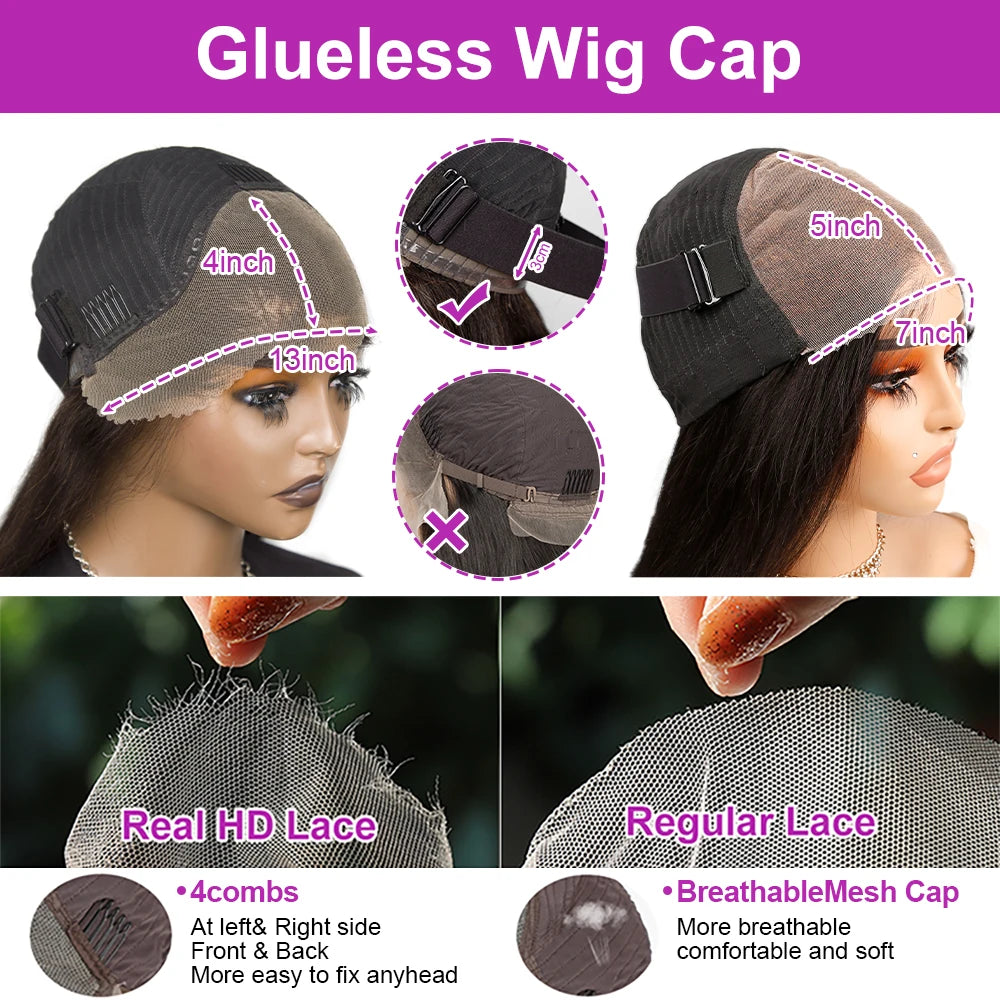 300% densité Wear and Go 7x5 perruque sans colle cheveux humains pré-coupé prêt à porter 13x6 dentelle avant perruque droite perruque de cheveux humains pour les femmes