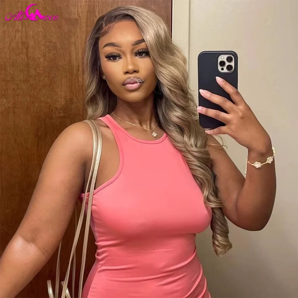 13X6 Ombre Blonde couleur frontale perruque cheveux humains pour les femmes Transparent 13X6 dentelle avant perruque de cheveux humains avec racine foncée pré plumée
