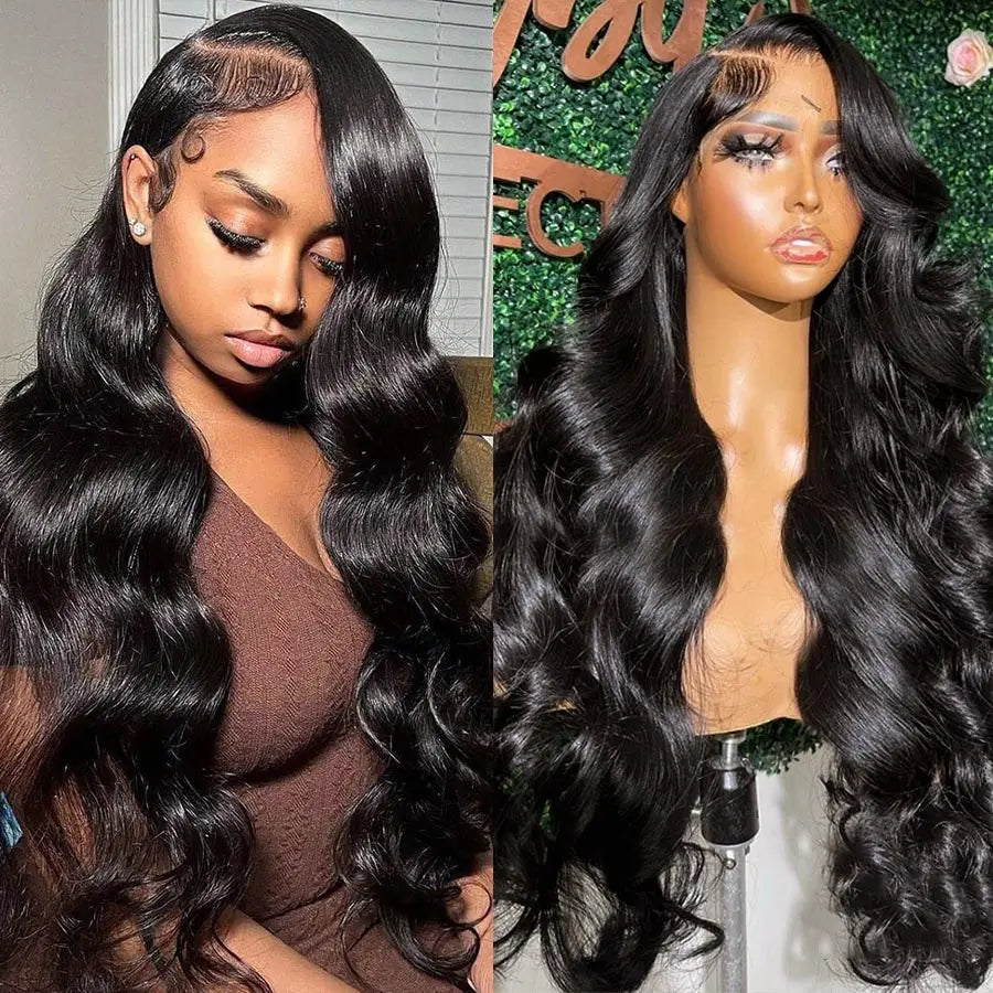 Perruque 13x6 (ou 13x4) à dentelle frontale transparente, densité 180 %, cheveux humains indiens effet body wave. Modèle pré-plumé pour un rendu naturel et élégant