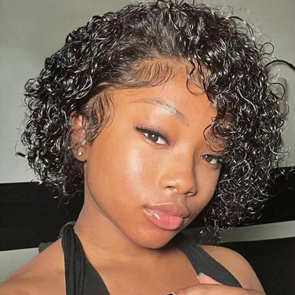 13X4 court bouclés coupe lutin perruques cheveux humains Transparent Rose bouclés dentelle frontale perruques cheveux humains pour les femmes noires