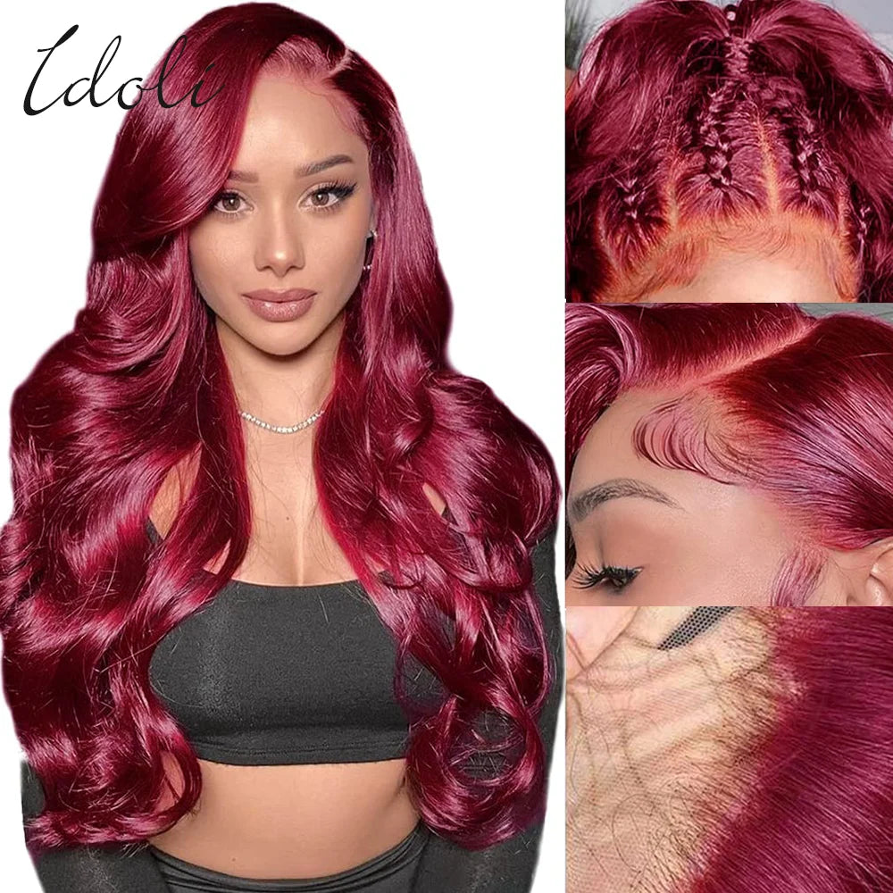 Perruque Lace Front Wig Body Wave Brésilienne Naturelle, Cheveux Humains, Couleur Bordeaux 99J, 13x6, Transparent HD