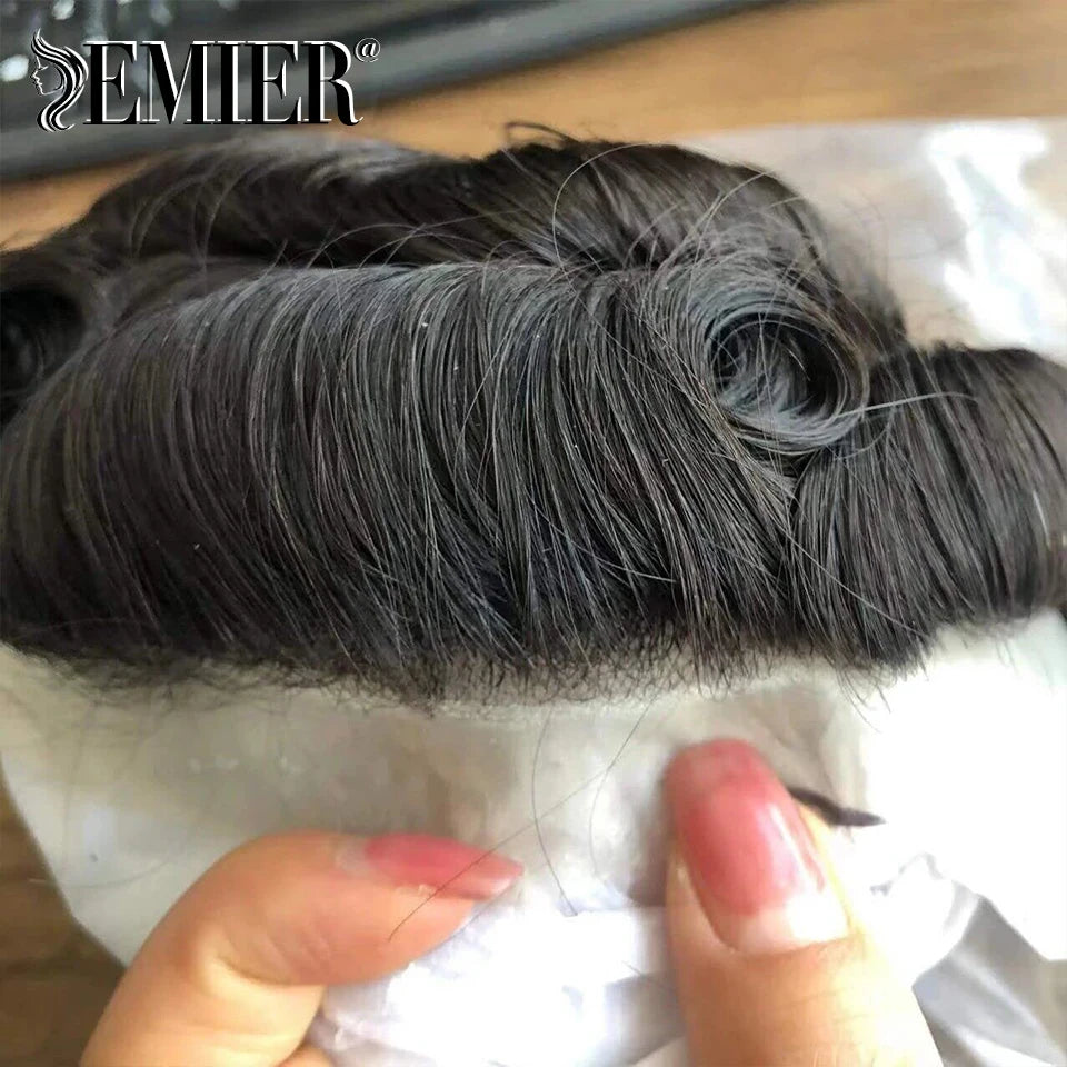 Perruque de cheveux humains en dentelle française avec PU pour homme, toupet confortable, vague naturelle, système de remplacement, prothèse capillaire masculine durable