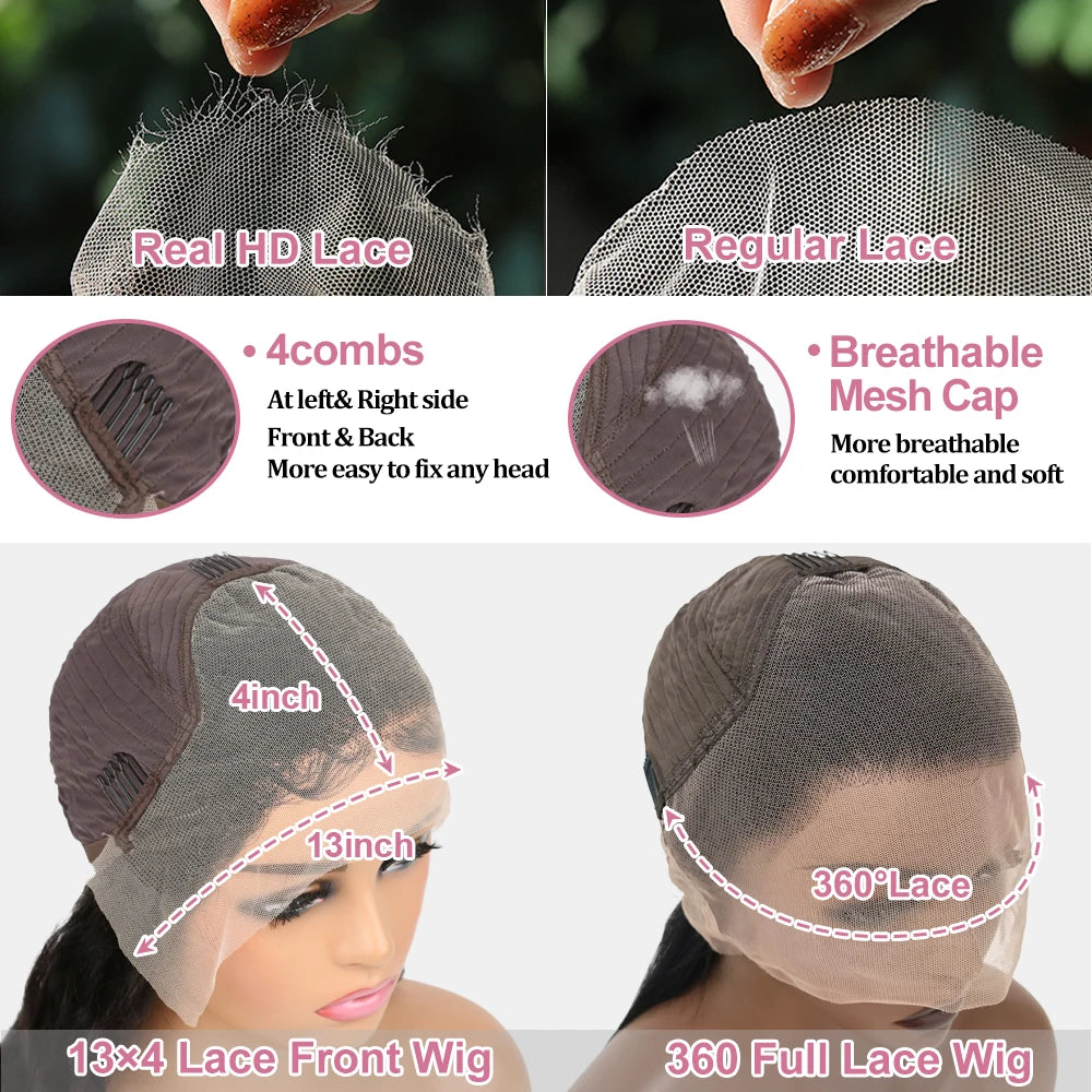 Perruque Lace Frontal Wig 360 naturelle brésilienne lisse, cheveux lisses, 13x6, Transparent, pre-plucked, pour femmes