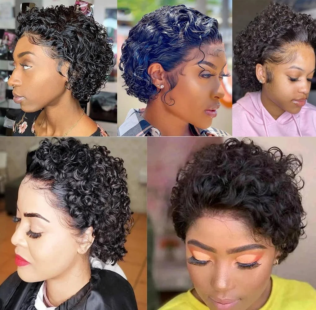 13X4 court bouclés coupe lutin perruques cheveux humains Transparent Rose bouclés dentelle frontale perruques cheveux humains pour les femmes noires