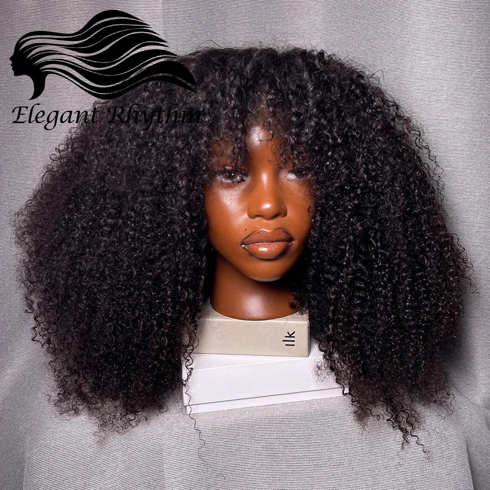 Perruques de cheveux humains Afro crépus bouclés avec frange 200% densité Remy cheveux humains sans colle perruque Afro bouclés frange perruques pour les femmes noires