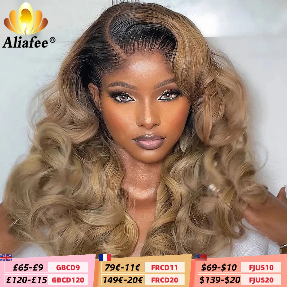 Perruque en cheveux humains avec dentelle transparente 13x6, racine naturelle ombrée, blond miel chaud, transition naturelle de la racine, pour femmes