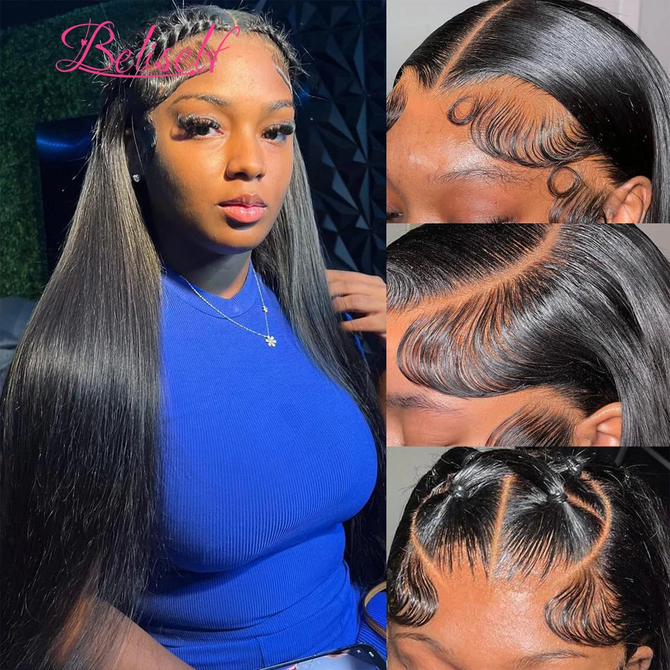 Perruque Lace Front Wig naturelle lisse, cheveux humains, Transparent HD, 13x4, 13x6, pre-plucked, 5x5, HD, Lace Closure, Beliself