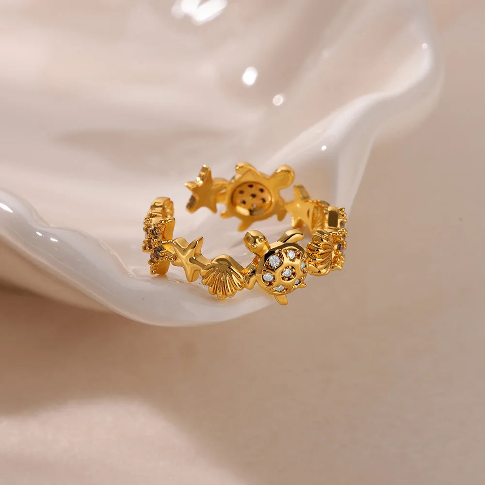 Bagues ouvertes en forme d'étoile de mer pour femmes, couleur or, en acier inoxydable, pour l'été, plage, esthétique, étanche, bijoux cadeau