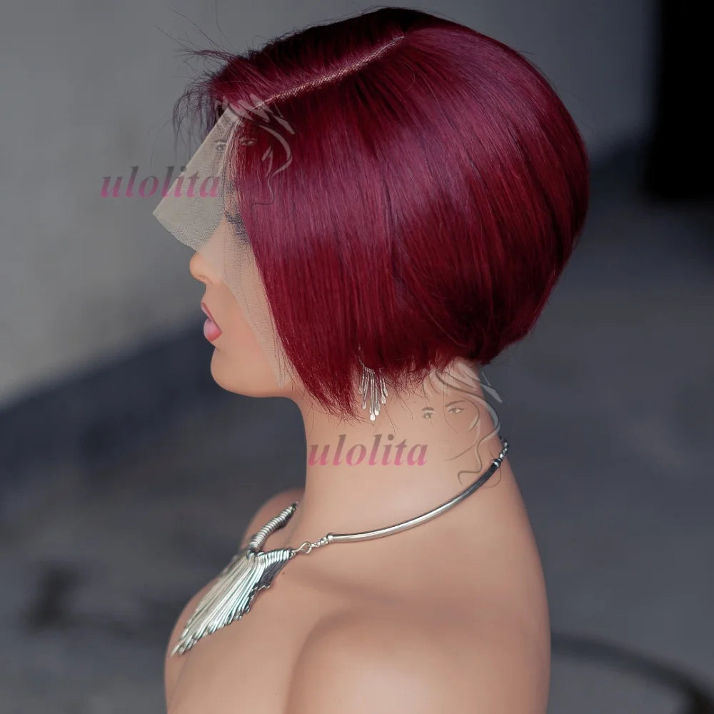 Perruque bob courte T1B/99J en cheveux humains malaisiens Remy, raides, à porter sans colle, style coupe lutin